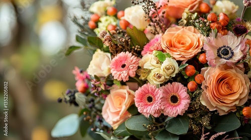 A bouquet blending fresh flowers with dried flowers for contrast.