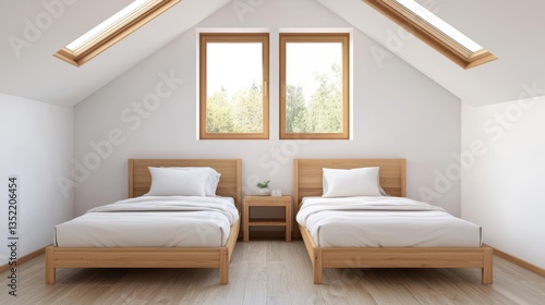 Twin attic kids bedroom with matching wooden beds, soft linens, and a large window letting in natural light