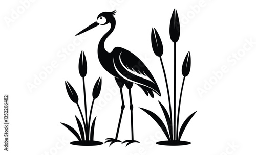 Stork bird silhouette with cattails, vector illustration
