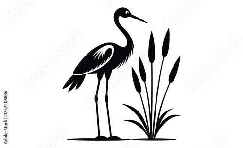 Stork bird silhouette with cattails, vector illustration