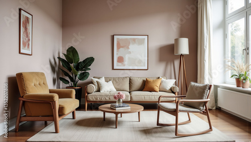 A living room with a couch, chair, and coffee table. The couch is covered in pillows and the coffee table has a stack of magazines on it. The room has a warm and inviting atmosphere