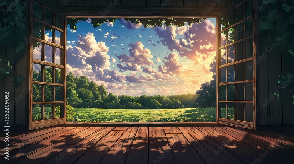 A captivating scene unfolds: an open wooden window frames a breathtaking vista of a green meadow, forest, and a radiant sky, inviting tranquility. A captivating scene unfolds: an open wooden window frames a breathtaking vista of a green meadow, forest, and a radiant sky, inviting tranquility.