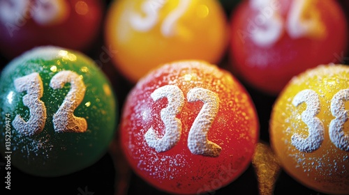 Close-up of colorful lottery balls with numbers, frosted surface.