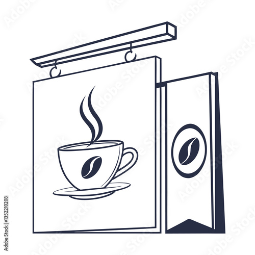 Vintage Coffee Shop Signboard Logo with Elegant Swirls and Cup Icon .