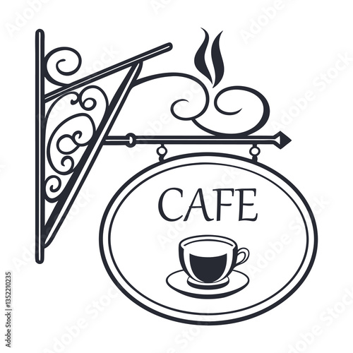 Vintage Coffee Shop Signboard Logo with Elegant Swirls and Cup Icon .