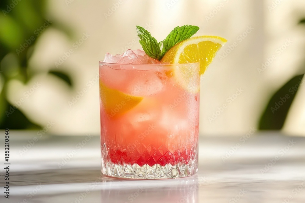 Refreshing Pink Cocktail with Lemon and Mint on a Light Background in a Crystal Glass Refreshing Pink Cocktail with Lemon and Mint on a Light Background in a Crystal Glass