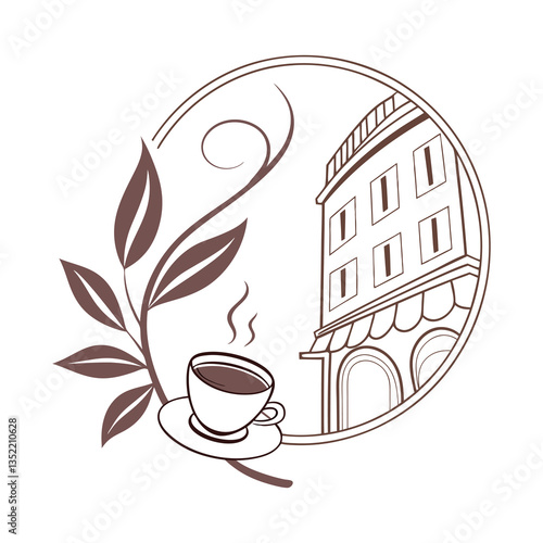 Vintage Coffee Shop Signboard Logo with Elegant Swirls and Cup Icon .