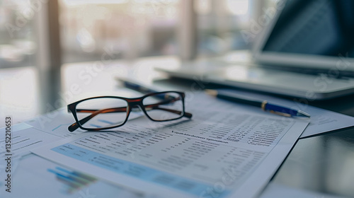 Wallpaper Mural Financial Workspace: Overhead shot of a workspace featuring documents, glasses, and a laptop, emphasizing the details of accounting and business reports. Torontodigital.ca