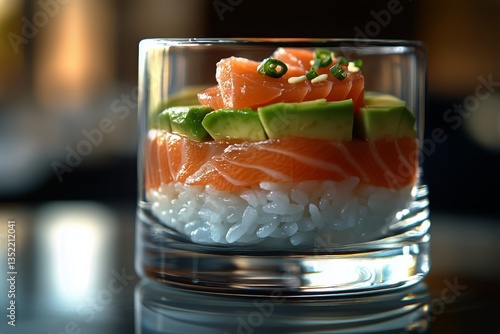 Elegant Sushi Dish With Salmon and Avocado Served in a Glass Cup at a Modern ...