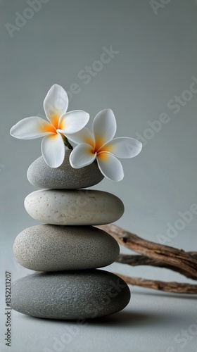 Calm and Serene Arrangement of Stacked Stones With Flowers on Driftwood