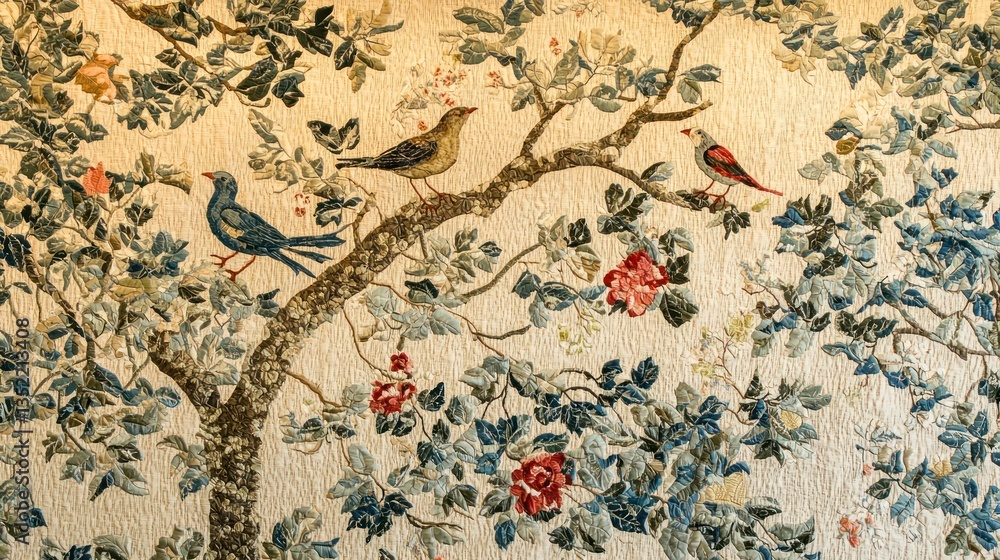 A close-up of a hanging nature-themed tapestry with birds and trees A close-up of a hanging nature-themed tapestry with birds and trees