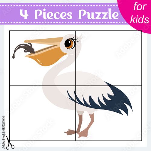 Puzzle game for kids. Puzzle pieces. Zoo animals. Pelican eats fish. Education worksheet. Activity page.