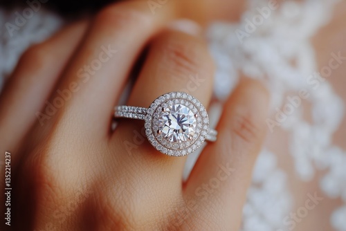 Engagement Ring Adorned With Sparkling Diamonds Held Delicately in a Hand