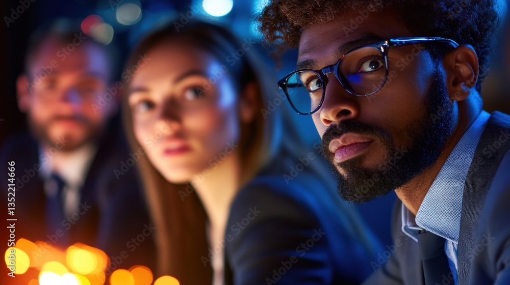 Obraz premium Professional Group Discussion in Modern Office Setting at Night