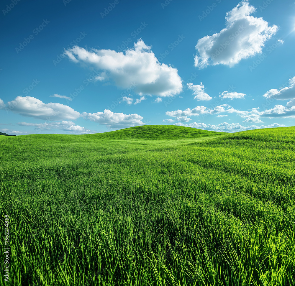 Fototapeta premium Green Grass Hill with Blue Sky and White Clouds