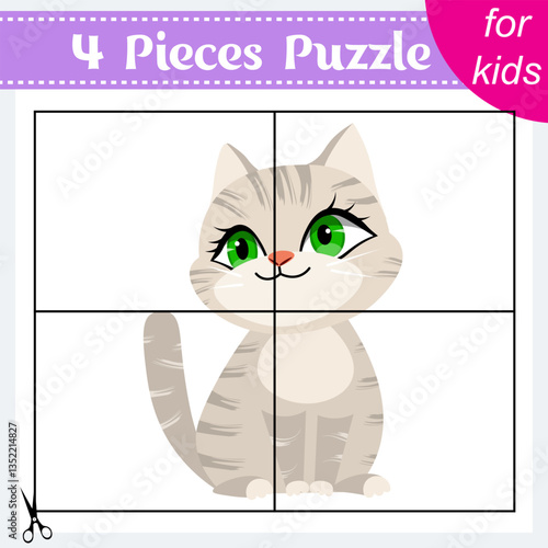 Puzzle game for kids. Puzzle pieces. Farm animals. Cute striped kitten. Education worksheet. Activity page.