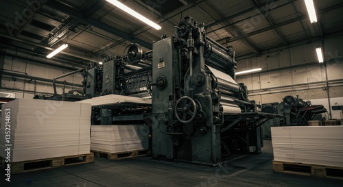Operating Printing Press Machine in Industrial Setting with Stacks of Paper