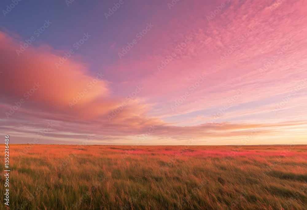 Flat, grassy plains under a sky that blends shades of gold, red, and pink. Flat, grassy plains under a sky that blends shades of gold, red, and pink.