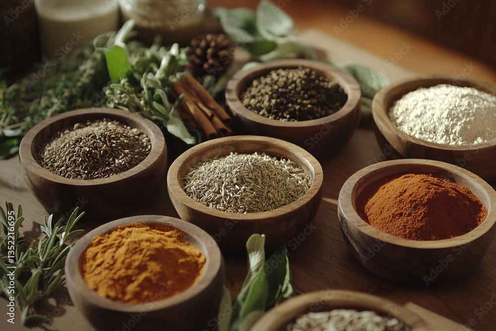 Assorted Spices in Bowls on Rustic Wooden Table Assorted Spices in Bowls on Rustic Wooden Table
