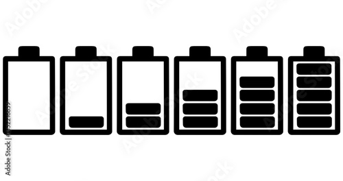 Battery icons showing progressive power levels. Symbol of energy, technology, and charge status. Digital graphic, simple illustrations depicting power source and depletion recharge cycle, battery life