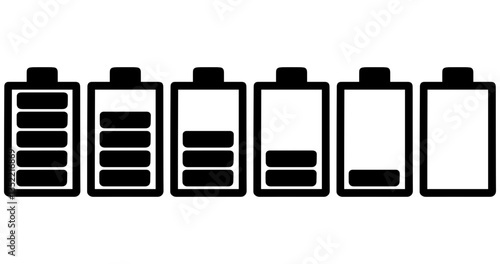 Battery icons showing progressive power levels. Symbol of energy, technology, and charge status. Digital graphic, simple illustrations depicting power source and depletion/recharge cycle, battery life