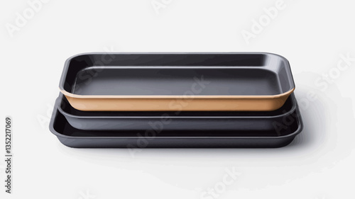 The image shows three rectangular baking trays stacked on top of each other against a white background. The top tray is dark grey, the middle tray is gold or copper colored, and the bottom tray is