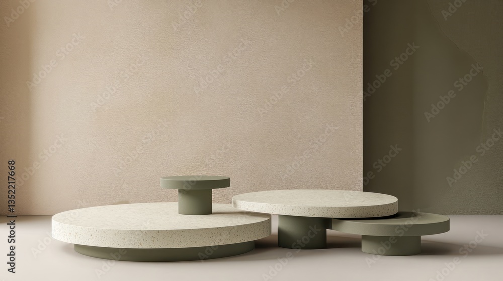 Minimalist beige and green podiums for product display Minimalist beige and green podiums for product display