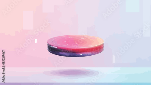 The image showcases a digitally rendered, circular, slightly elevated platform or disc. The disc exhibits a gradient color transition, predominantly featuring shades of pink, red, and purple at the