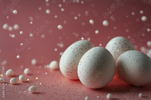 Decorative Eggs Arranged on a Pastel Pink Background for Spring Celebration a...