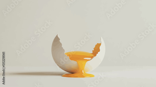 Close-up studio shot of a broken eggshell with a runny yolk spilling onto a plain off-white background. The image is minimalistic in style, with a focus on the texture and color of the egg