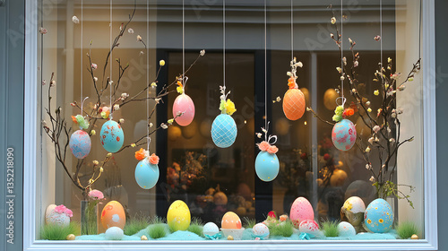 Vibrant Pixel Style Easter Egg Display with Floral Accents in a Shop Window