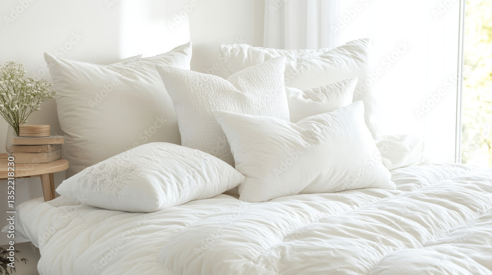 Cozy white bedding with decorative pillows on soft mattress, creating serene and inviting atmosphere in bright room