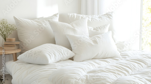Obraz na płótnie Cozy white bedding with decorative pillows on soft mattress, creating serene and inviting atmosphere in bright room w salonie