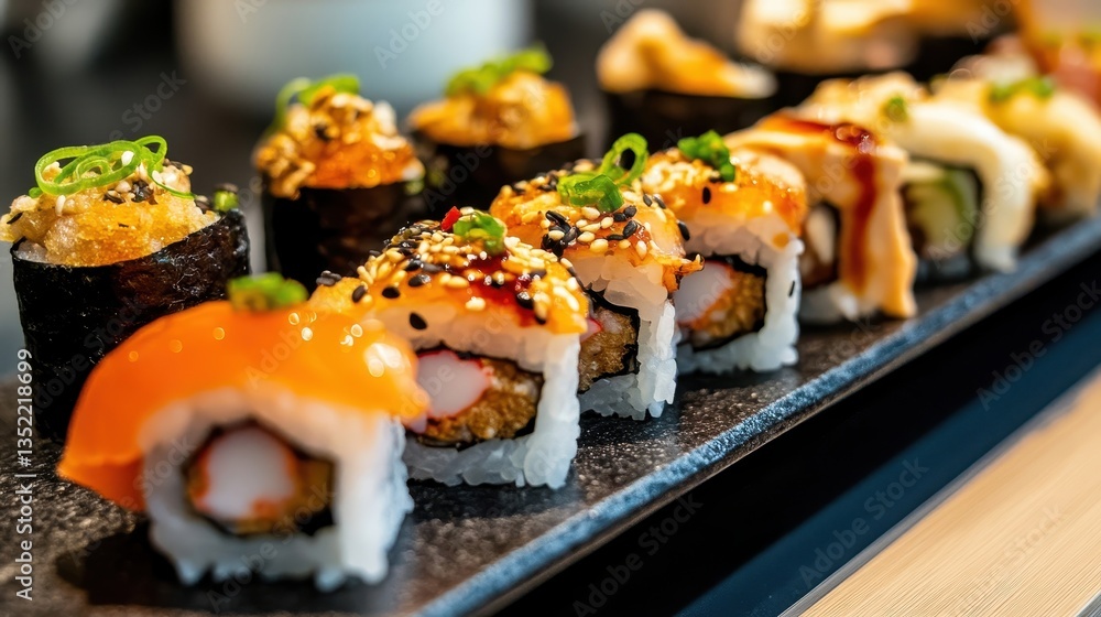 Fresh Sushi Platter with Colorful Rolls and Toppings Fresh Sushi Platter with Colorful Rolls and Toppings