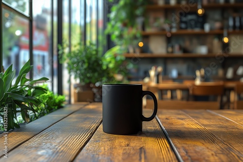 Black Mug on Wooden Table in a Cozy Cafe With Plants During Golden Hour