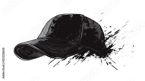 The image is a digital illustration of a black baseball cap. The cap is depicted in a realistic style, positioned slightly angled against a white background.  Surrounding the cap is a dynamic ink