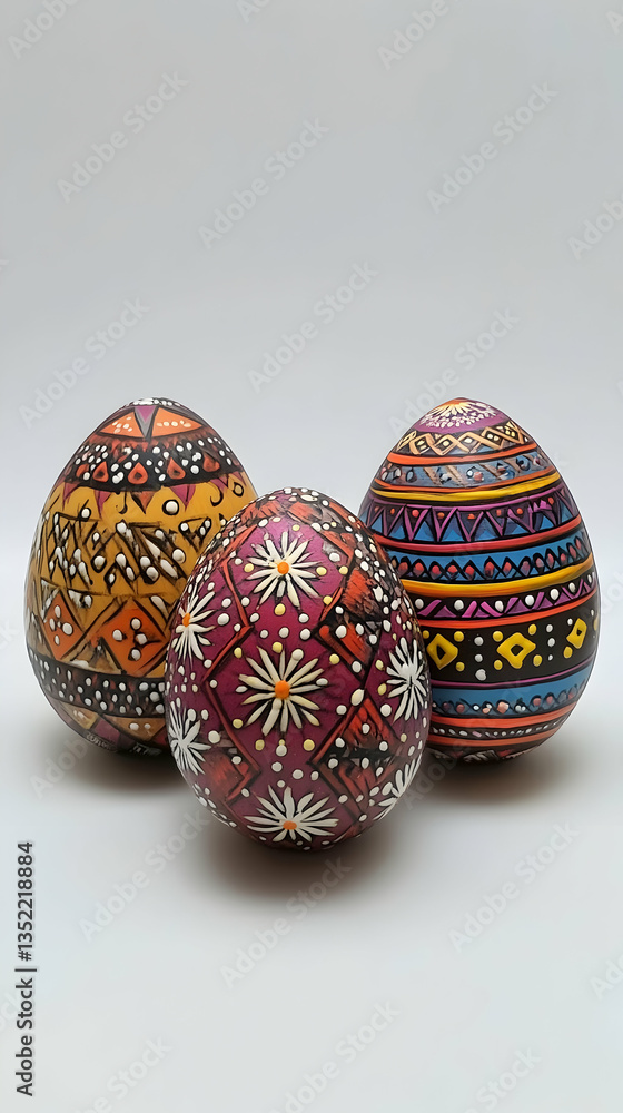 Three Ornate Easter Eggs Displaying Intricate Patterns and Vibrant Colors on Gray Background Three Ornate Easter Eggs Displaying Intricate Patterns and Vibrant Colors on Gray Background