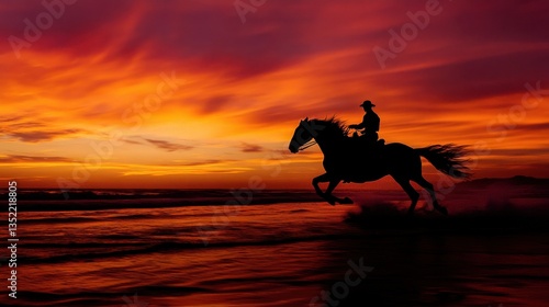Silhouette of Horse and Rider at Sunset