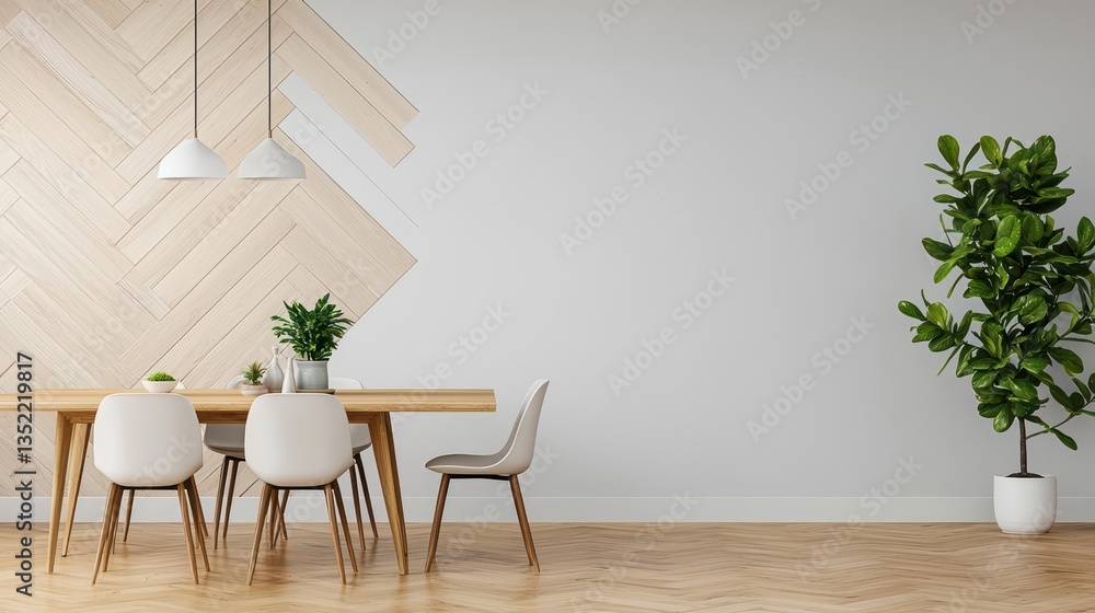 Elegant dining space with interlocking wooden rectangles, forming a geometric artistic wall