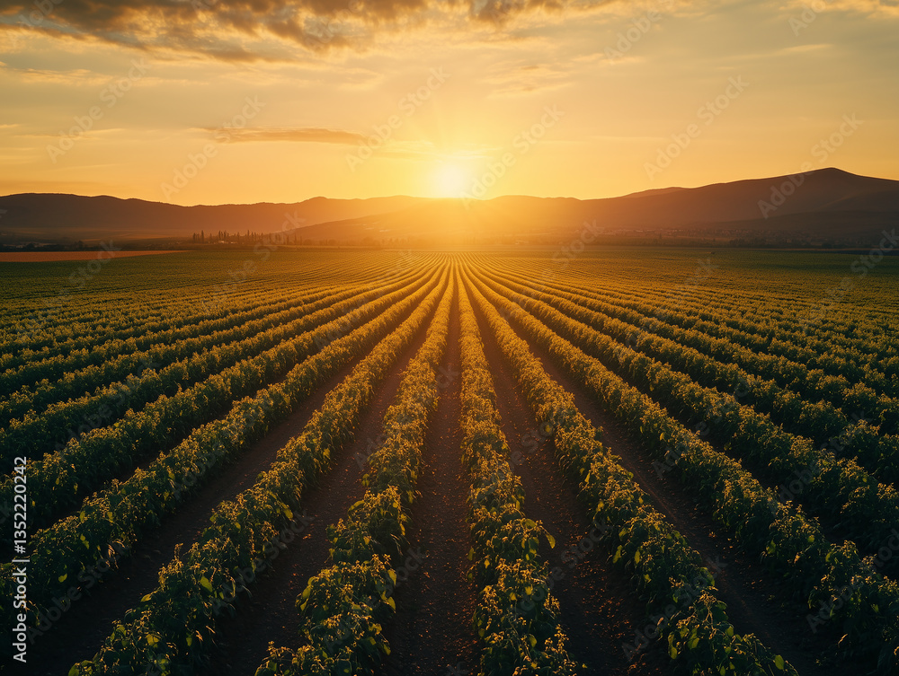 Sunset over a thriving tomato plantation under cinematic lighting reveals rows of plants in lush green fields Sunset over a thriving tomato plantation under cinematic lighting reveals rows of plants in lush green fields