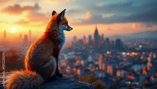 Red Fox Watching Sunset Cityscape Stunning Wildlife Photography