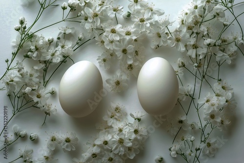White Eggs Surrounded by Delicate White Flowers on a Soft Surface in Natural ...