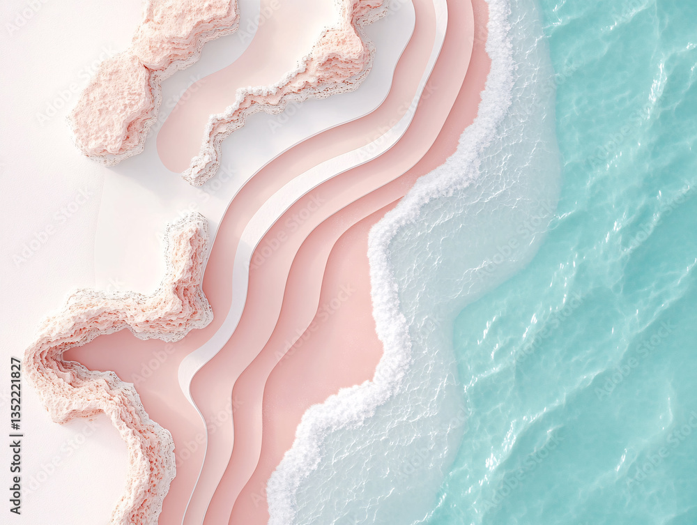 Obraz premium abstract, layered waves in shades of pink and white, with a turquoise section at the bottom. The overall effect is reminiscent of a serene, otherworldly landscape.
