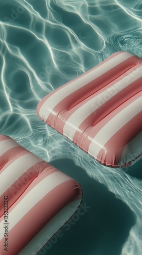 Colorful Striped Pool Floats Rest on Calm Water in Sunny Outdoor Setting Duri...