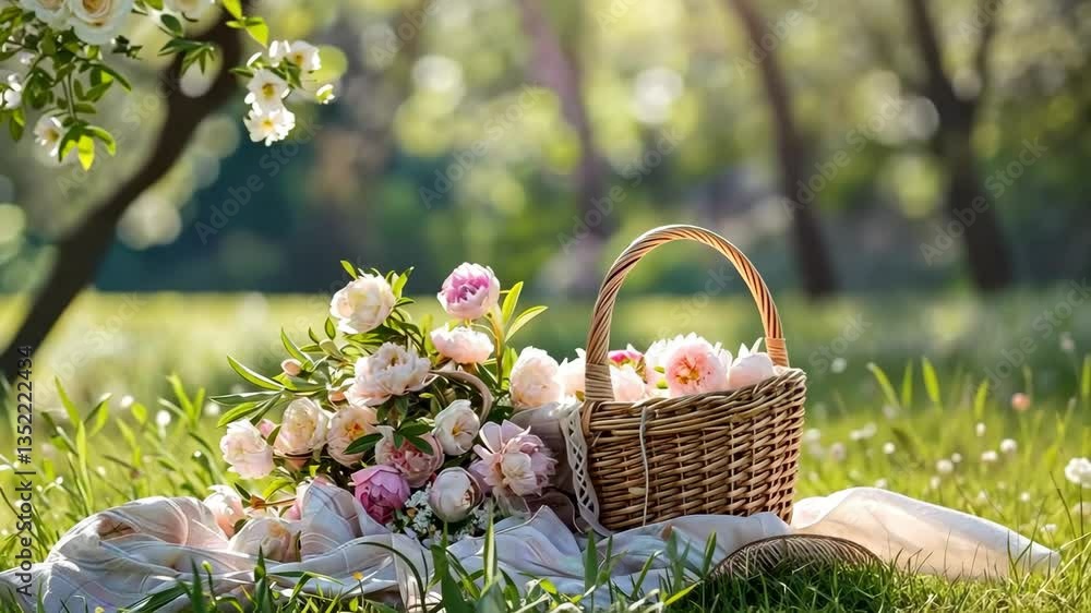 Romantic spring picnic scene with a wicker basket full of fresh peonies on soft blanket in blooming garden. Summer vibe, warm sunlight.Slow living weekend leisure. Romantic spring picnic scene with a wicker basket full of fresh peonies on soft blanket in blooming garden. Summer vibe, warm sunlight.Slow living weekend leisure.
