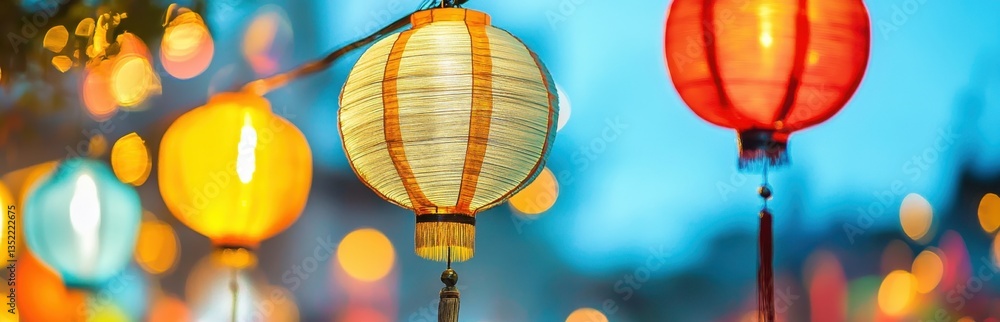 Obraz premium Colorful lanterns hang beautifully, creating an enchanting atmosphere during a festive evening. The warm glow enhances the joyful ambiance, perfect for celebrations.
