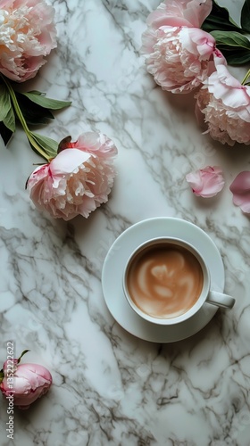 Morning Coffee With Peonies on Marble Table in Natural Light