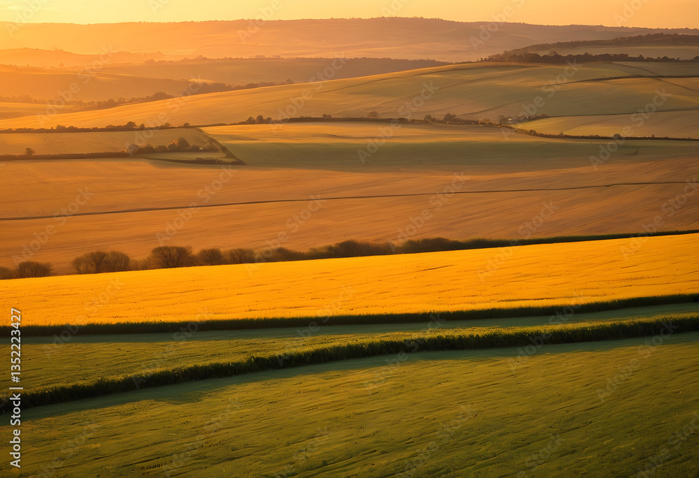 Fototapeta premium Endless expanse of rolling fields, bathed in the warm light of a golden sunset.