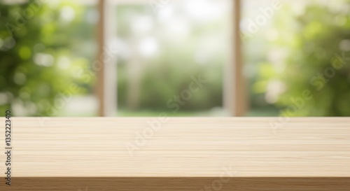 Empty Wooden Table Overlooking a Bright Green Garden in Soft Focus