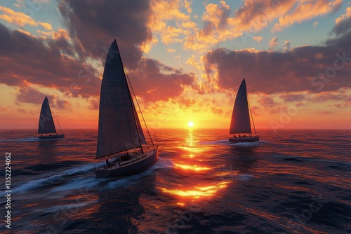 Sailboats Glide Across Calm Waters During a Vibrant Sunset With Colorful Clouds